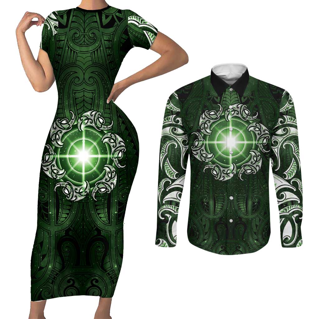 New Zealand Matariki Tupuarangi Couples Matching Short Sleeve Bodycon Dress and Long Sleeve Button Shirt Maori Moko Green Galaxy LT05 Green - Polynesian Pride