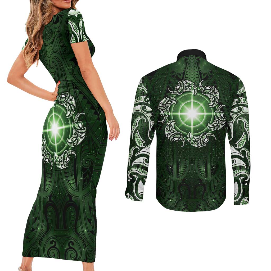 New Zealand Matariki Tupuarangi Couples Matching Short Sleeve Bodycon Dress and Long Sleeve Button Shirt Maori Moko Green Galaxy LT05 - Polynesian Pride