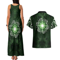 New Zealand Matariki Tupuarangi Couples Matching Tank Maxi Dress and Hawaiian Shirt Maori Moko Green Galaxy LT05 - Polynesian Pride