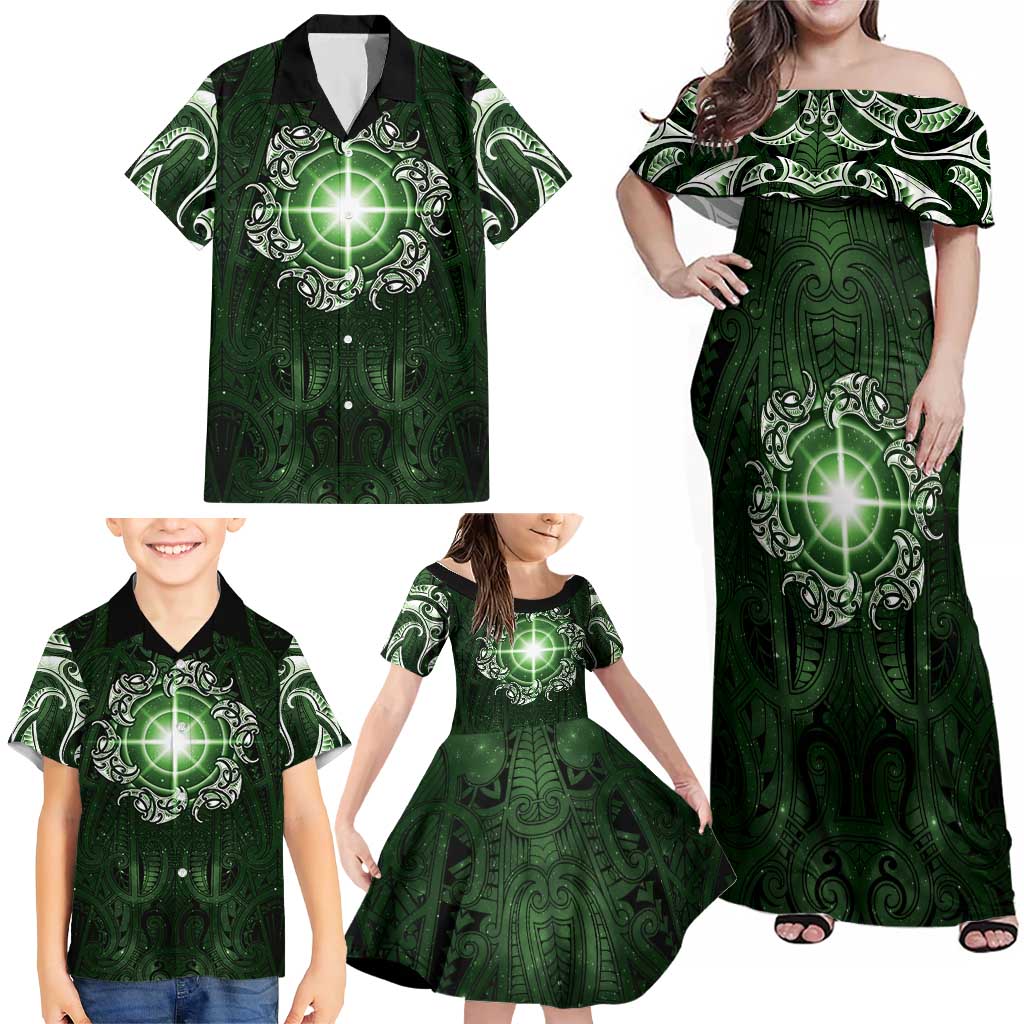 New Zealand Matariki Tupuarangi Family Matching Off Shoulder Maxi Dress and Hawaiian Shirt Maori Moko Green Galaxy