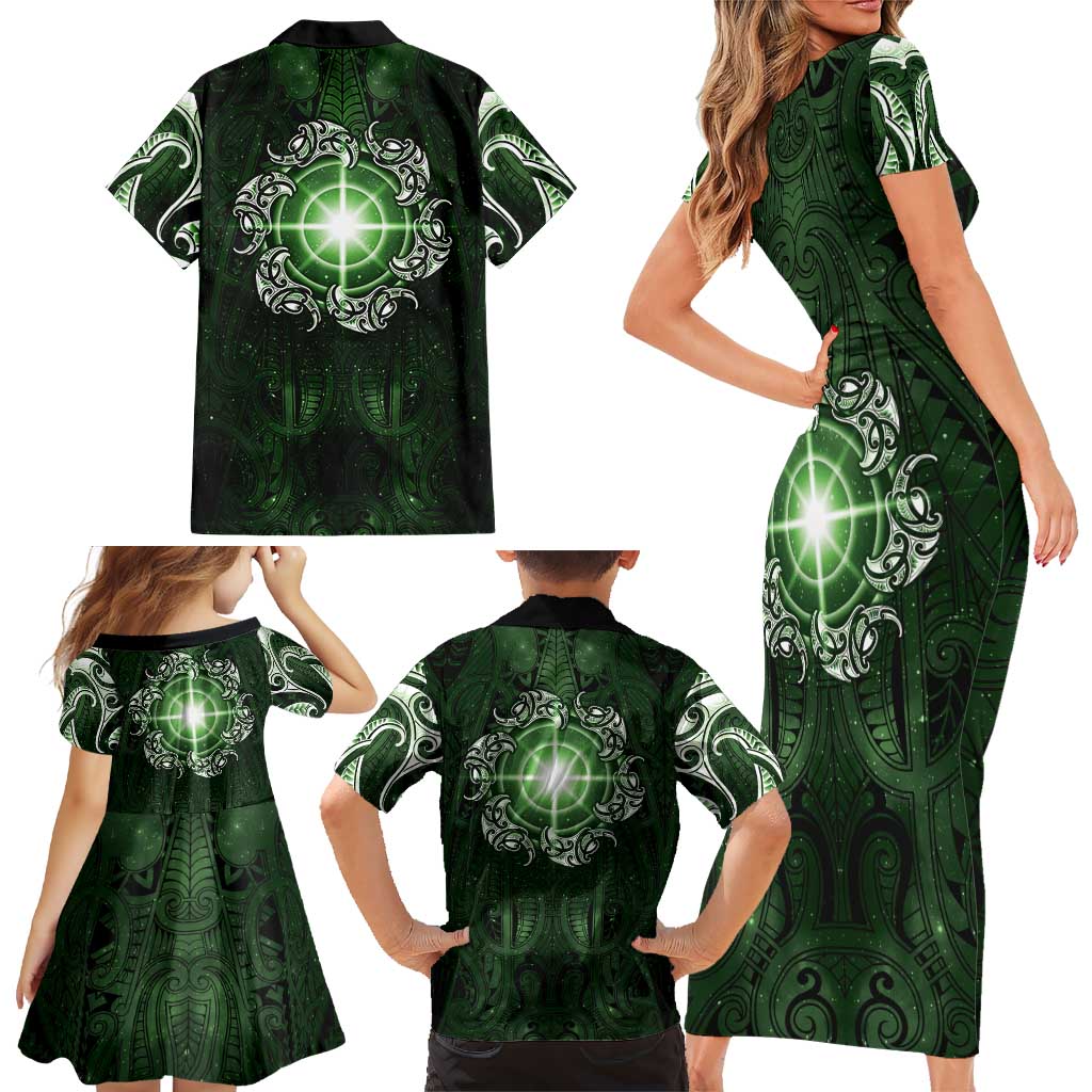 New Zealand Matariki Tupuarangi Family Matching Short Sleeve Bodycon Dress and Hawaiian Shirt Maori Moko Green Galaxy LT05 - Polynesian Pride
