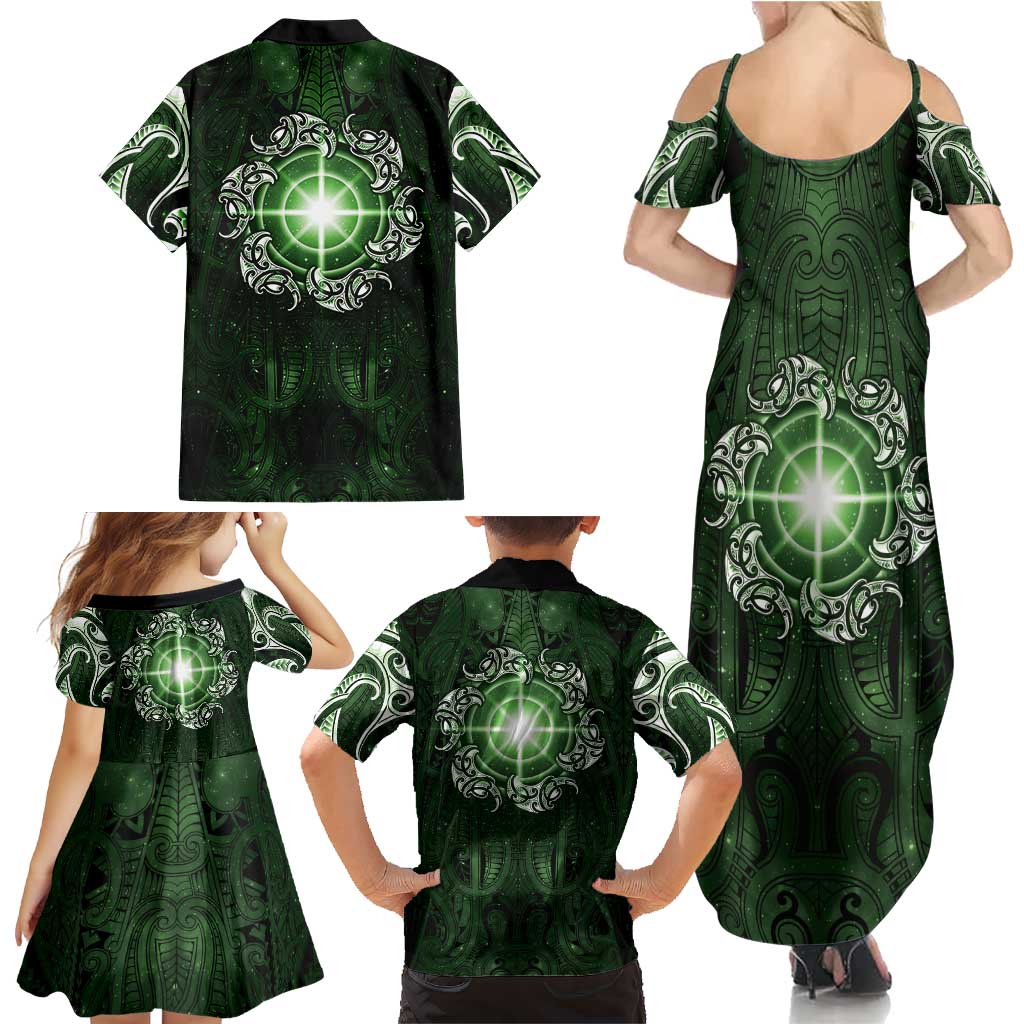New Zealand Matariki Tupuarangi Family Matching Summer Maxi Dress and Hawaiian Shirt Maori Moko Green Galaxy LT05 - Polynesian Pride