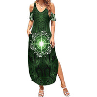 New Zealand Matariki Tupuarangi Family Matching Summer Maxi Dress and Hawaiian Shirt Maori Moko Green Galaxy LT05 Mom's Dress Green - Polynesian Pride