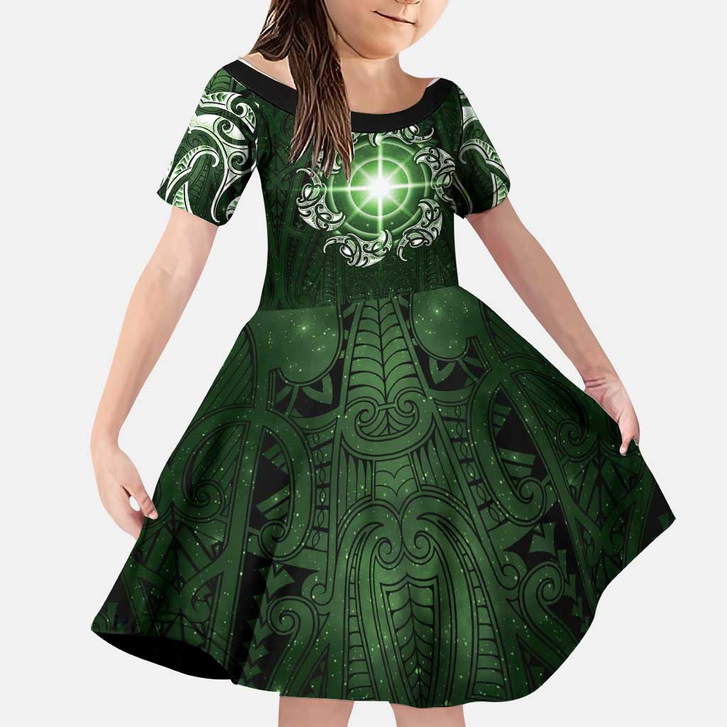 New Zealand Matariki Tupuarangi Family Matching Tank Maxi Dress and Hawaiian Shirt Maori Moko Green Galaxy LT05 Daughter's Dress Green - Polynesian Pride