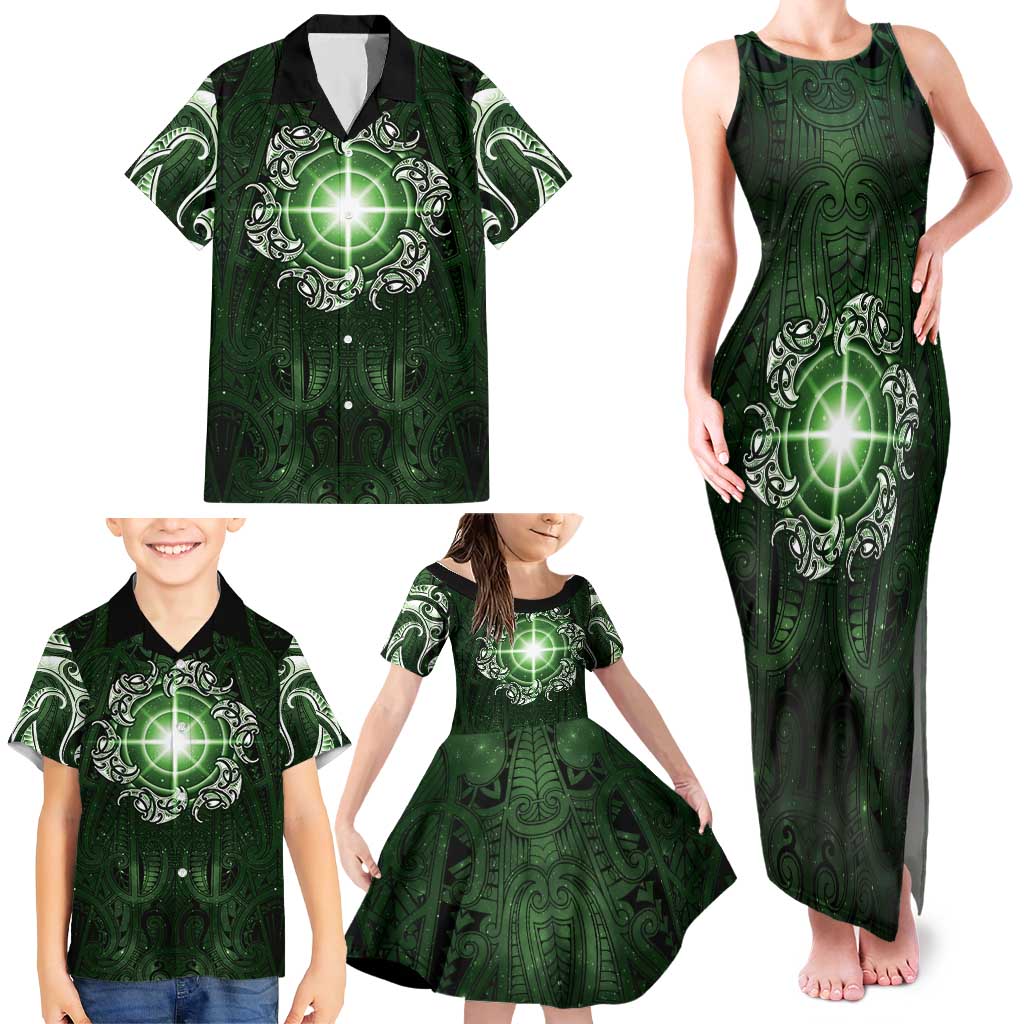New Zealand Matariki Tupuarangi Family Matching Tank Maxi Dress and Hawaiian Shirt Maori Moko Green Galaxy LT05 - Polynesian Pride