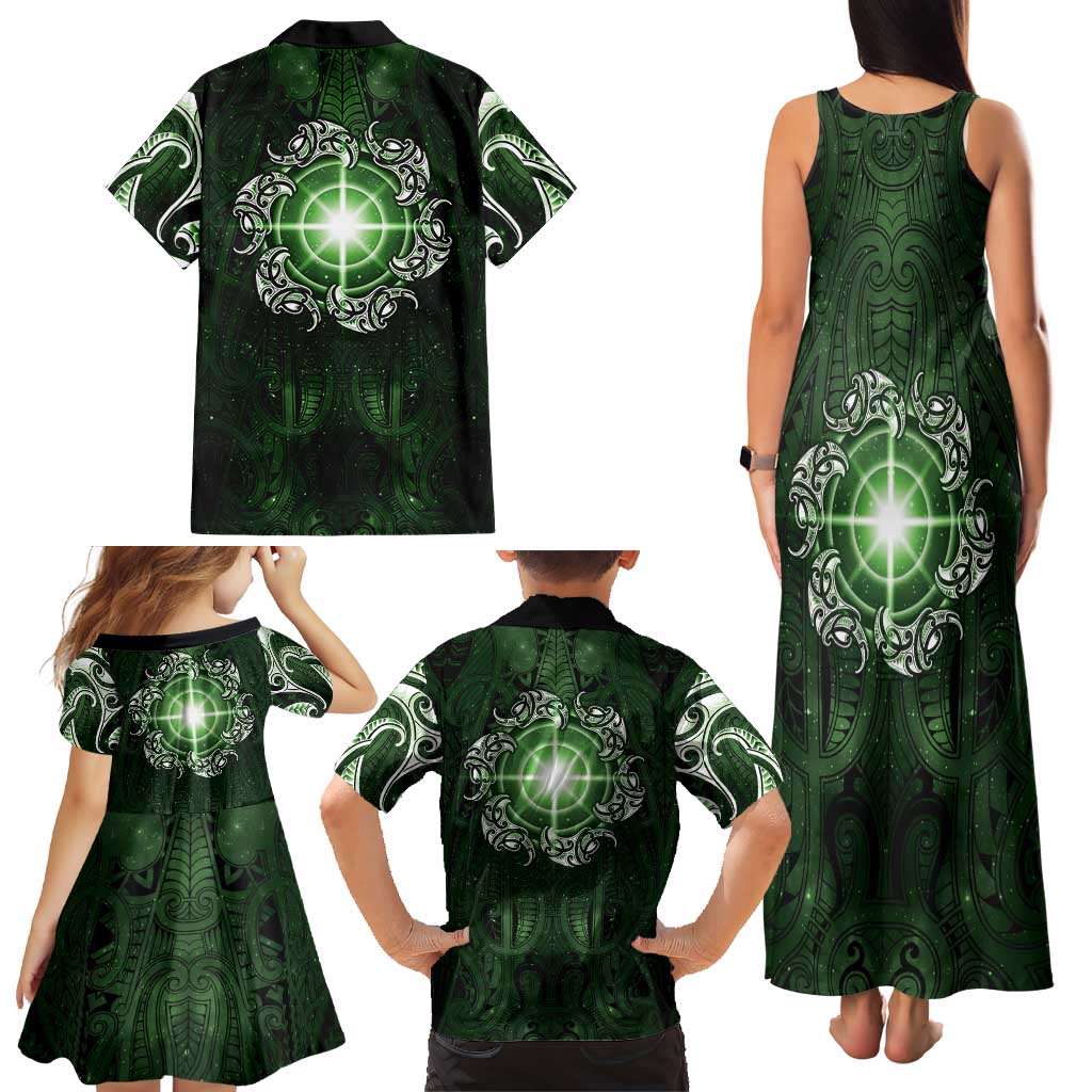 New Zealand Matariki Tupuarangi Family Matching Tank Maxi Dress and Hawaiian Shirt Maori Moko Green Galaxy LT05 - Polynesian Pride