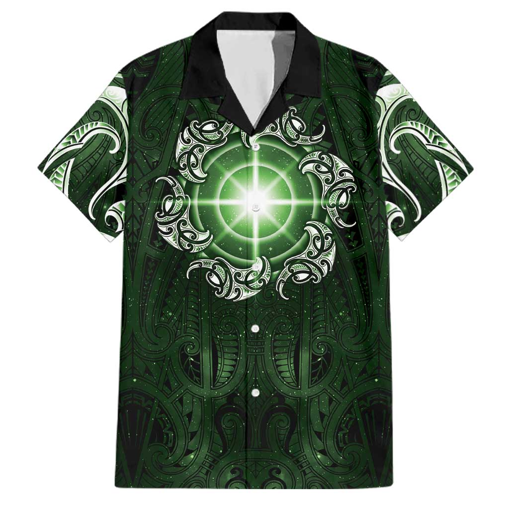 New Zealand Matariki Tupuarangi Family Matching Tank Maxi Dress and Hawaiian Shirt Maori Moko Green Galaxy LT05 Dad's Shirt - Short Sleeve Green - Polynesian Pride