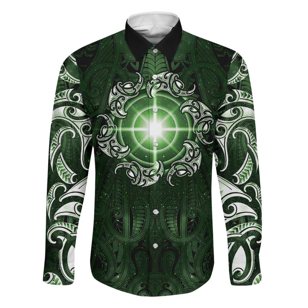 New Zealand Matariki Tupuarangi Family Matching Tank Maxi Dress and Hawaiian Shirt Maori Moko Green Galaxy LT05 Dad's Shirt - Long Sleeve Green - Polynesian Pride