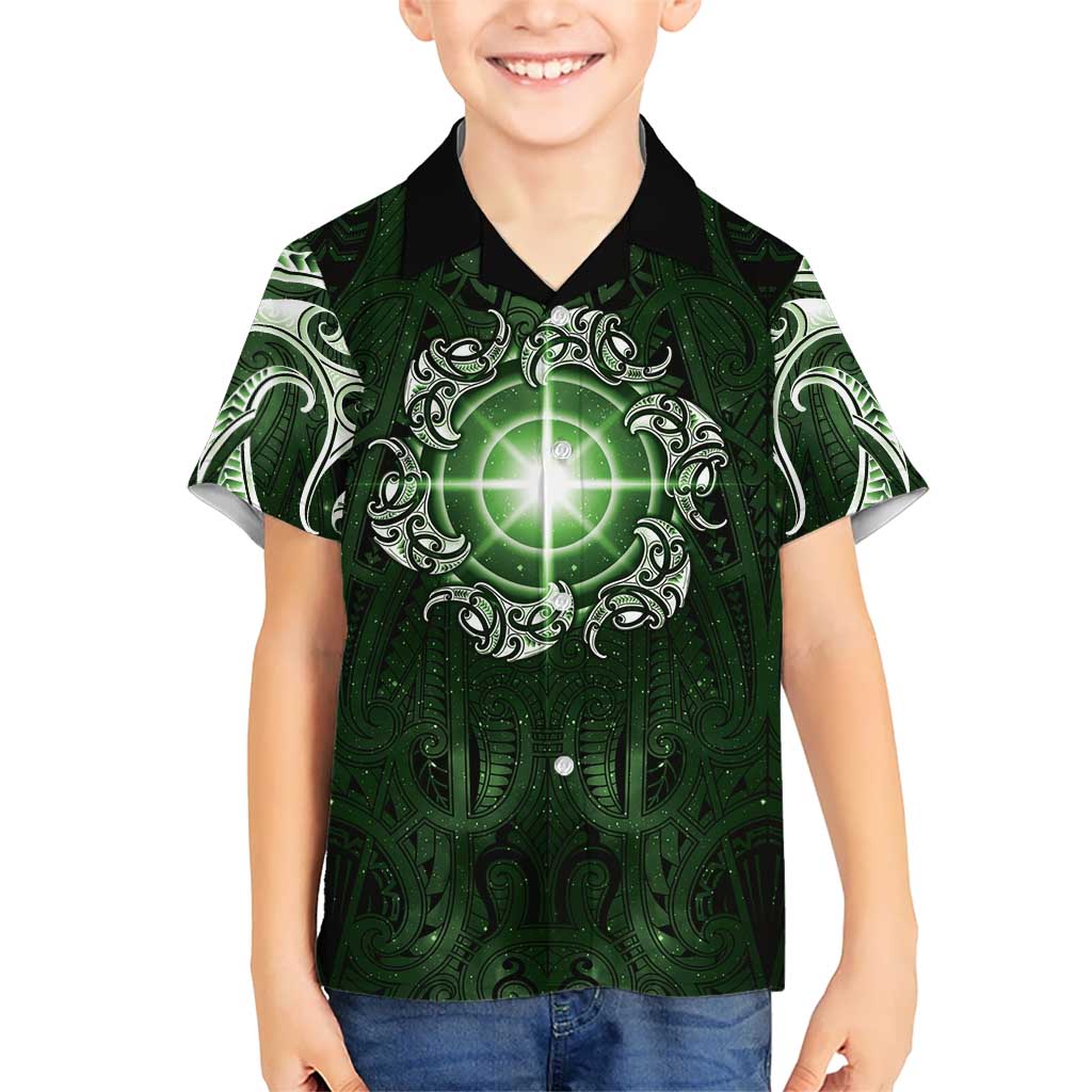 New Zealand Matariki Tupuarangi Family Matching Tank Maxi Dress and Hawaiian Shirt Maori Moko Green Galaxy LT05 Son's Shirt Green - Polynesian Pride