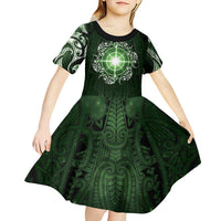 New Zealand Matariki Tupuarangi Kid Short Sleeve Dress Maori Moko Green Galaxy LT05 - Polynesian Pride