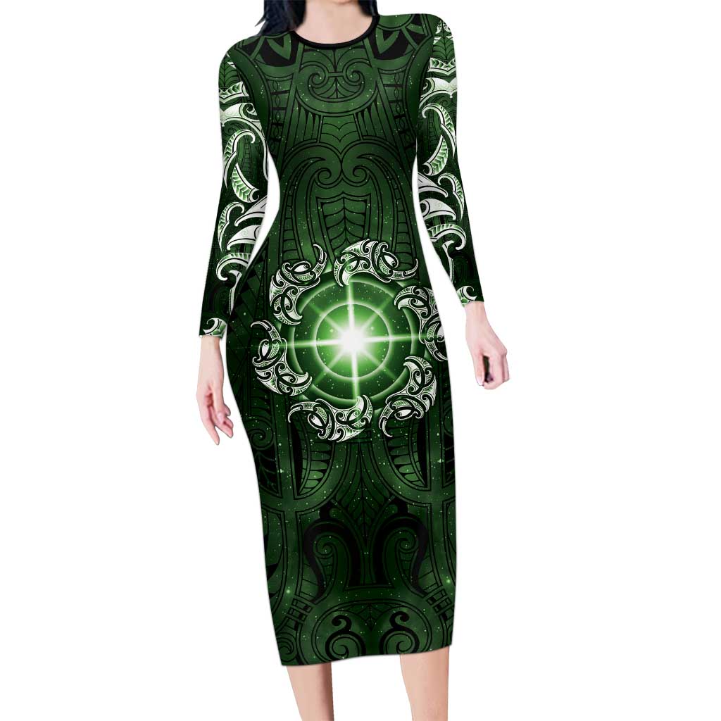 New Zealand Matariki Tupuarangi Long Sleeve Bodycon Dress Maori Moko Green Galaxy
