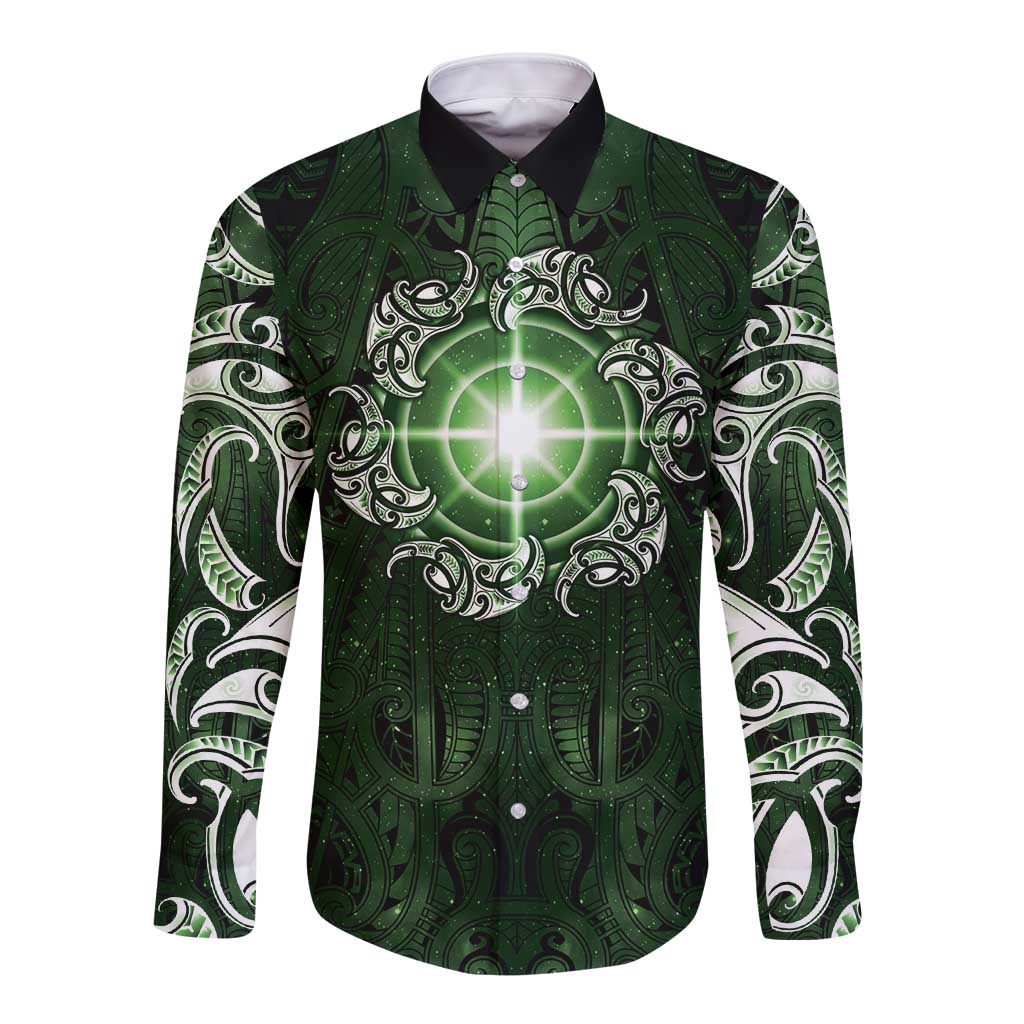 New Zealand Matariki Tupuarangi Long Sleeve Button Shirt Maori Moko Green Galaxy