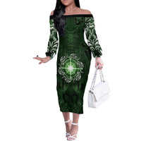 New Zealand Matariki Tupuarangi Off The Shoulder Long Sleeve Dress Maori Moko Green Galaxy LT05 Women Green - Polynesian Pride
