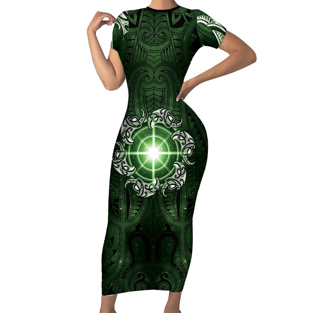 New Zealand Matariki Tupuarangi Short Sleeve Bodycon Dress Maori Moko Green Galaxy