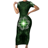 New Zealand Matariki Tupuarangi Short Sleeve Bodycon Dress Maori Moko Green Galaxy LT05 Long Dress Green - Polynesian Pride