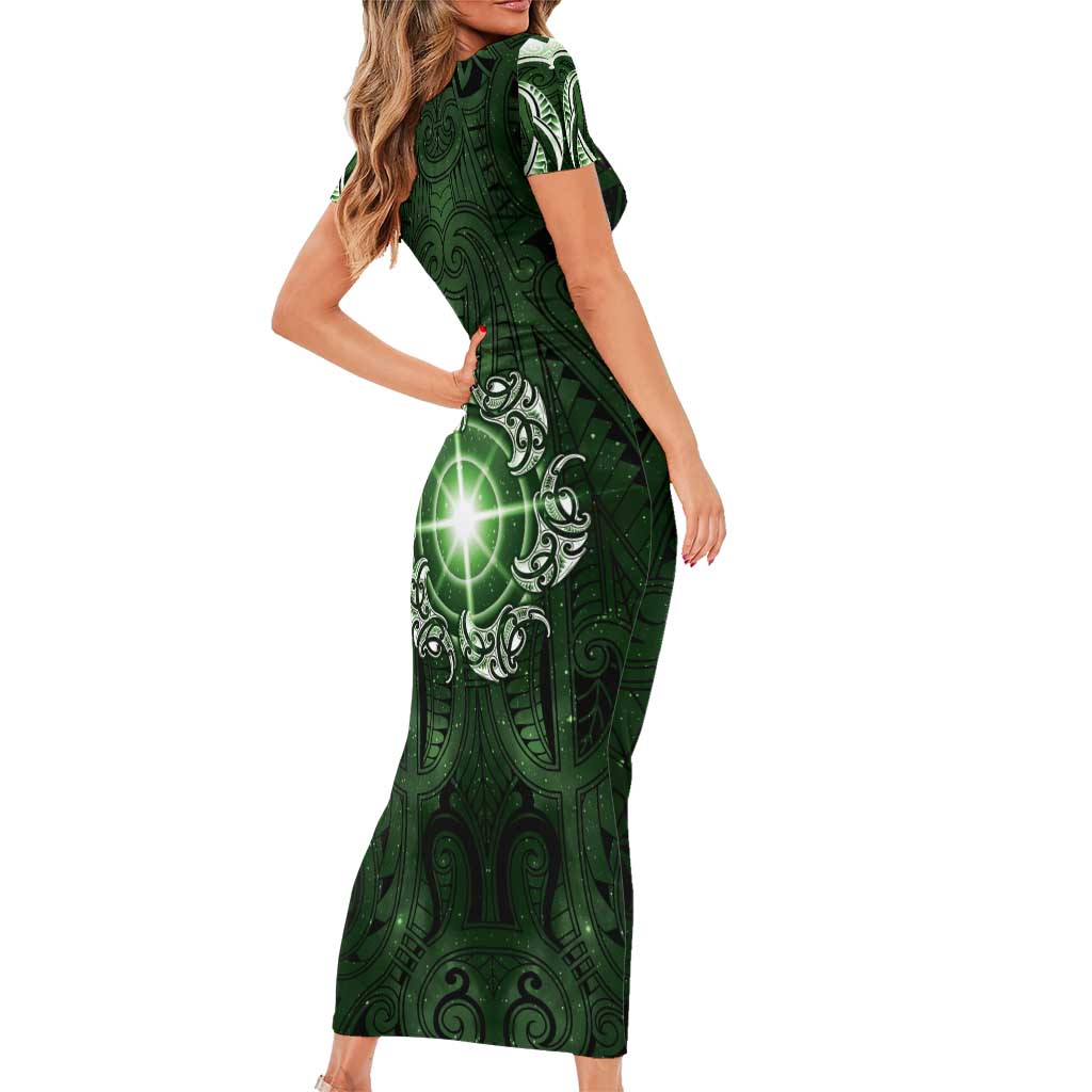 New Zealand Matariki Tupuarangi Short Sleeve Bodycon Dress Maori Moko Green Galaxy LT05 - Polynesian Pride
