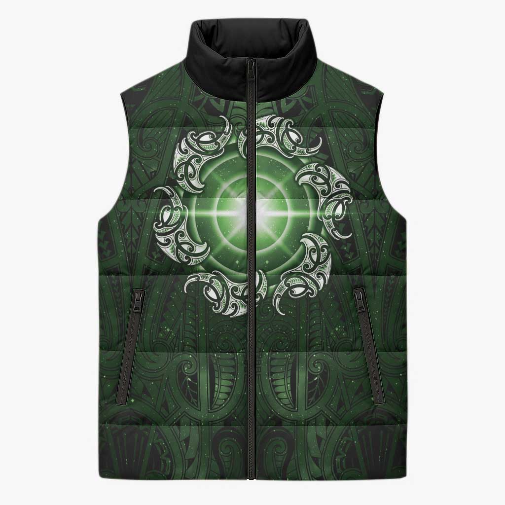 New Zealand Matariki Tupuarangi Sleeveless Puffer Jacket Maori Moko Green Galaxy