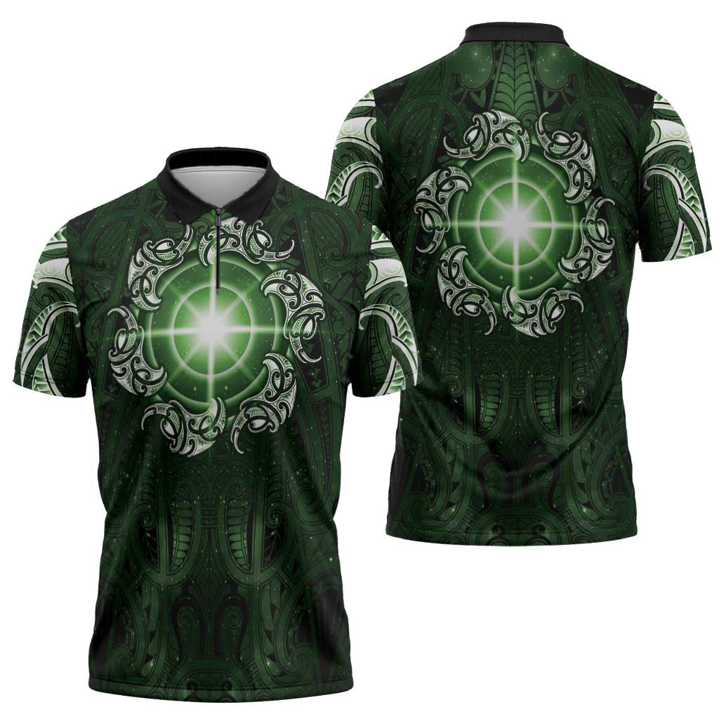 New Zealand Matariki Tupuarangi Zipper Polo Shirt Maori Moko Green Galaxy LT05 - Polynesian Pride