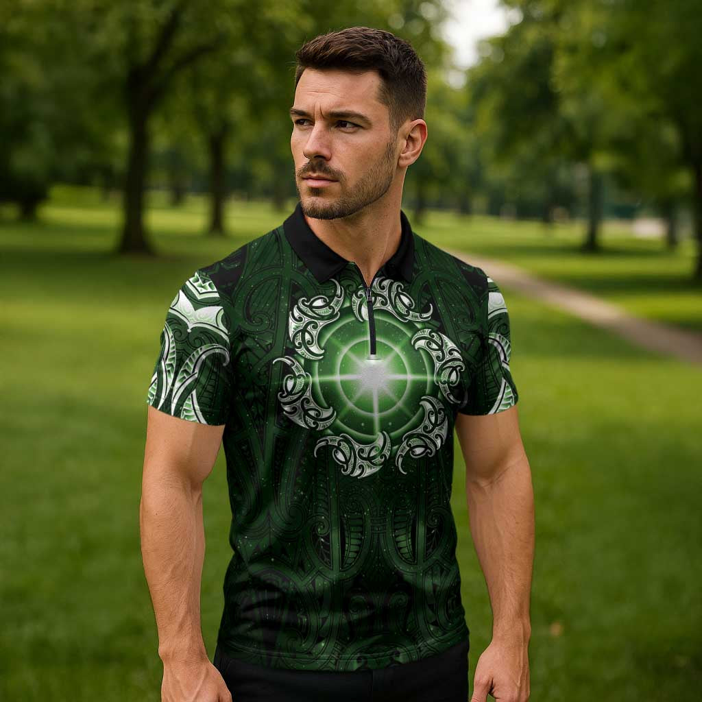 New Zealand Matariki Tupuarangi Zipper Polo Shirt Maori Moko Green Galaxy LT05 - Polynesian Pride