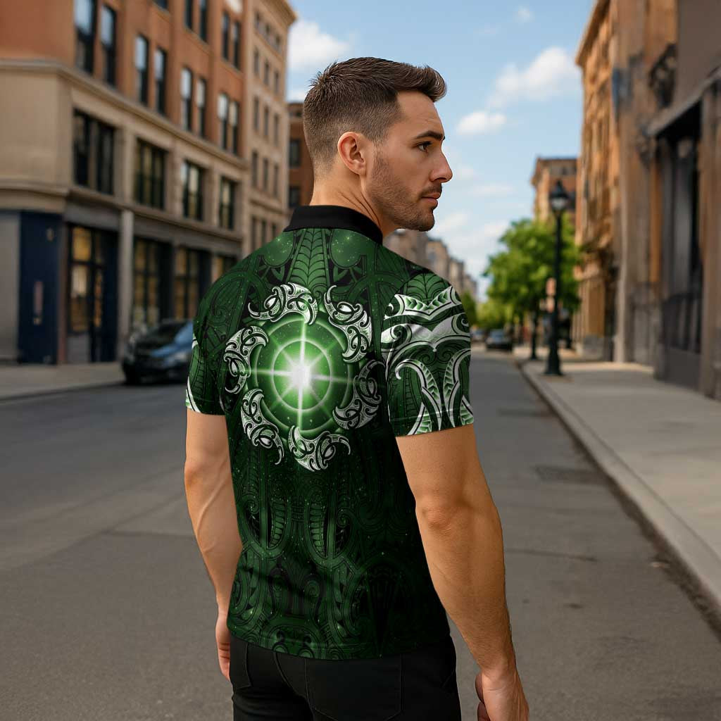 New Zealand Matariki Tupuarangi Zipper Polo Shirt Maori Moko Green Galaxy LT05 - Polynesian Pride