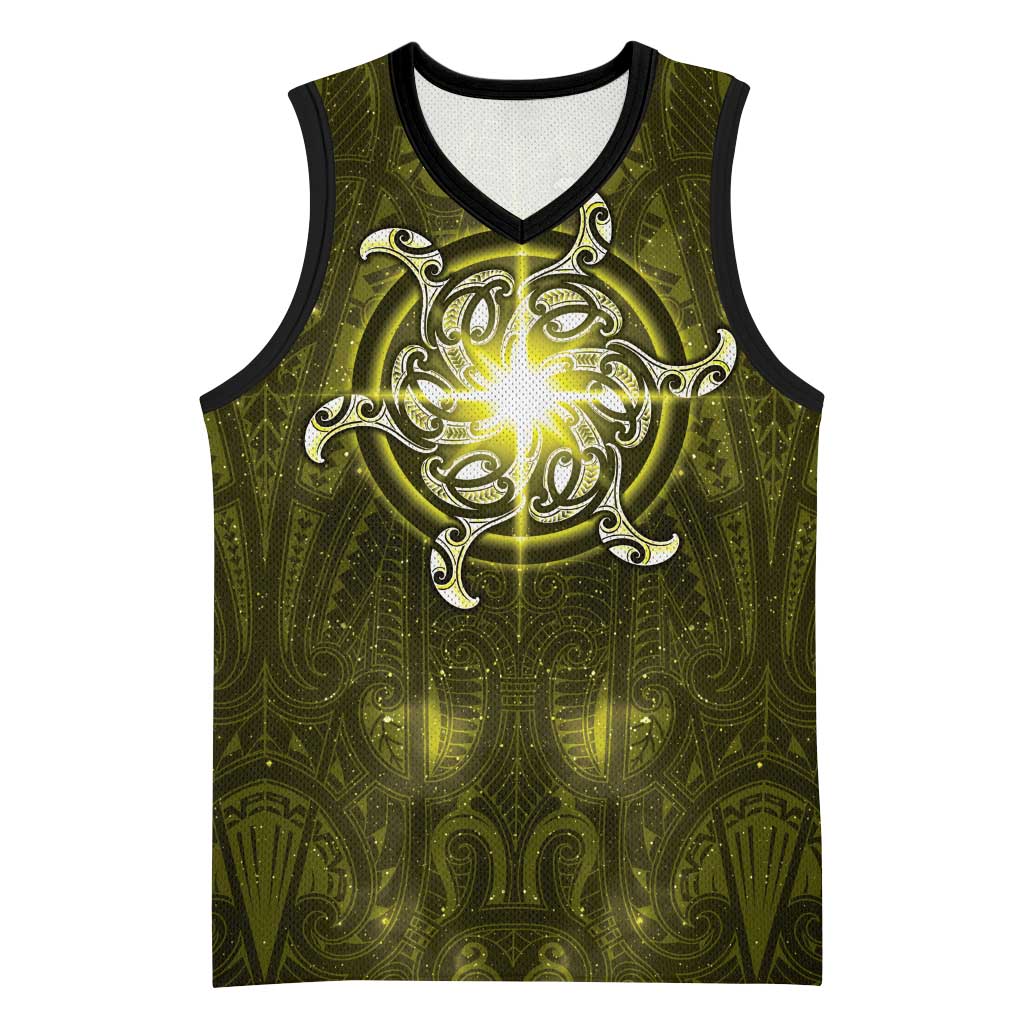 New Zealand Matariki Hiwaiterangi Basketball Jersey Maori Moko Yellow Galaxy LT05 Unisex Yellow - Polynesian Pride
