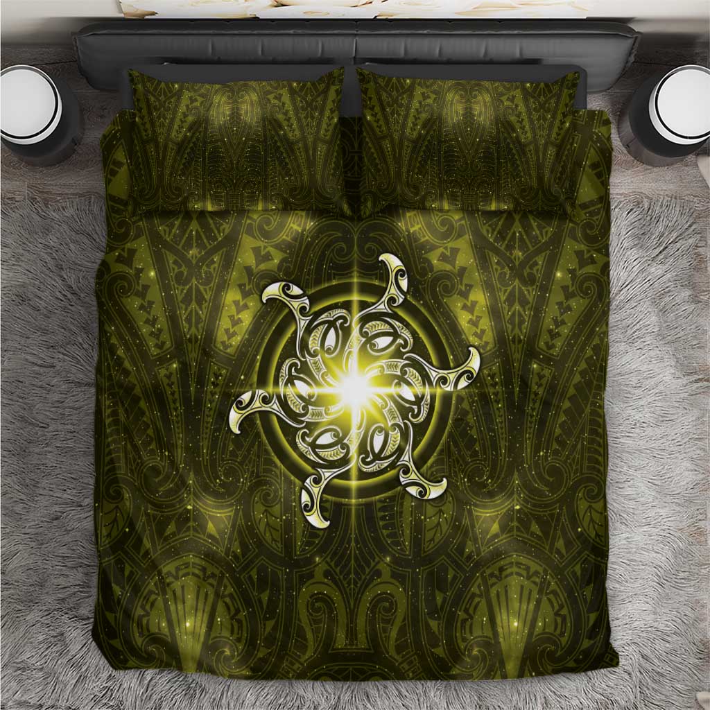 New Zealand Matariki Hiwaiterangi Bedding Set Maori Moko Yellow Galaxy