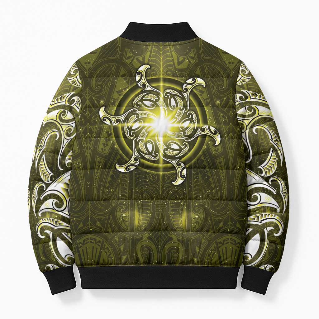 New Zealand Matariki Hiwaiterangi Bomber Puffer Jacket Maori Moko Yellow Galaxy