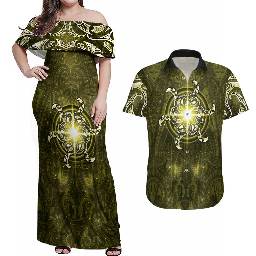 New Zealand Matariki Hiwaiterangi Couples Matching Off Shoulder Maxi Dress and Hawaiian Shirt Maori Moko Yellow Galaxy LT05 Yellow - Polynesian Pride