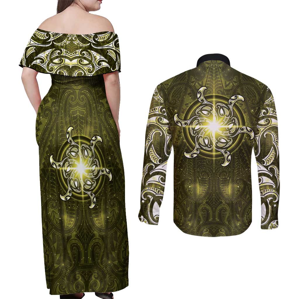New Zealand Matariki Hiwaiterangi Couples Matching Off Shoulder Maxi Dress and Long Sleeve Button Shirt Maori Moko Yellow Galaxy LT05 - Polynesian Pride