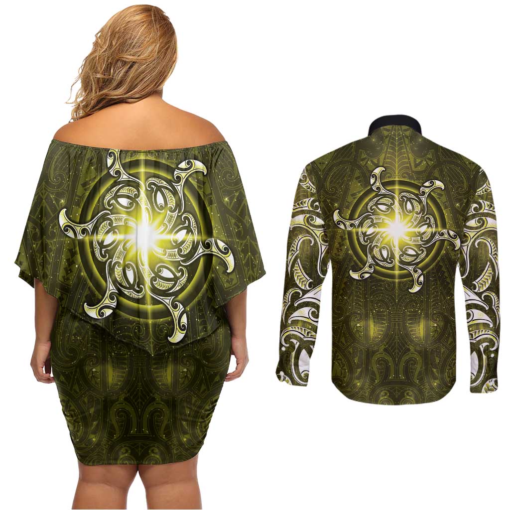 New Zealand Matariki Hiwaiterangi Couples Matching Off Shoulder Short Dress and Long Sleeve Button Shirt Maori Moko Yellow Galaxy LT05 - Polynesian Pride