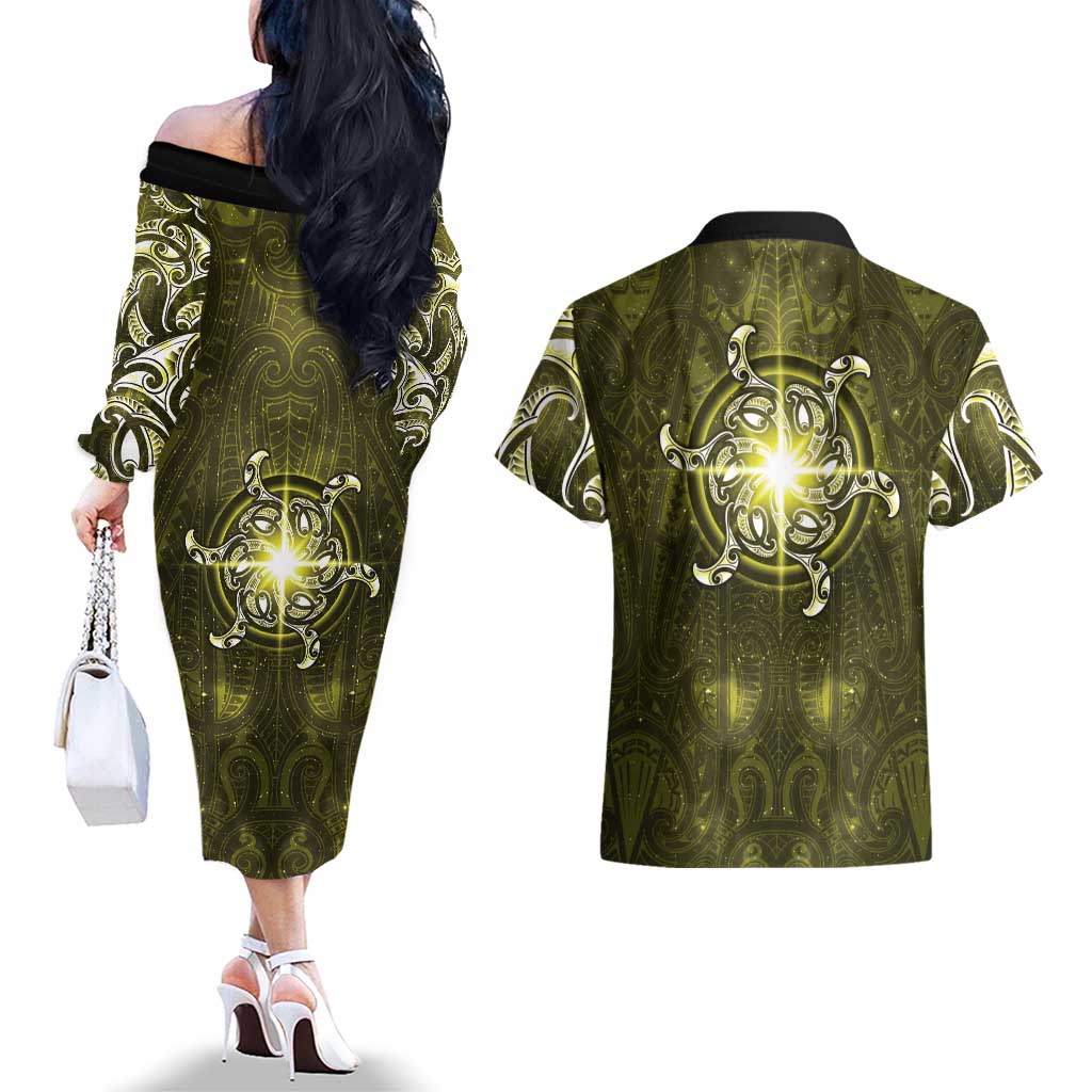 New Zealand Matariki Hiwaiterangi Couples Matching Off The Shoulder Long Sleeve Dress and Hawaiian Shirt Maori Moko Yellow Galaxy LT05 - Polynesian Pride