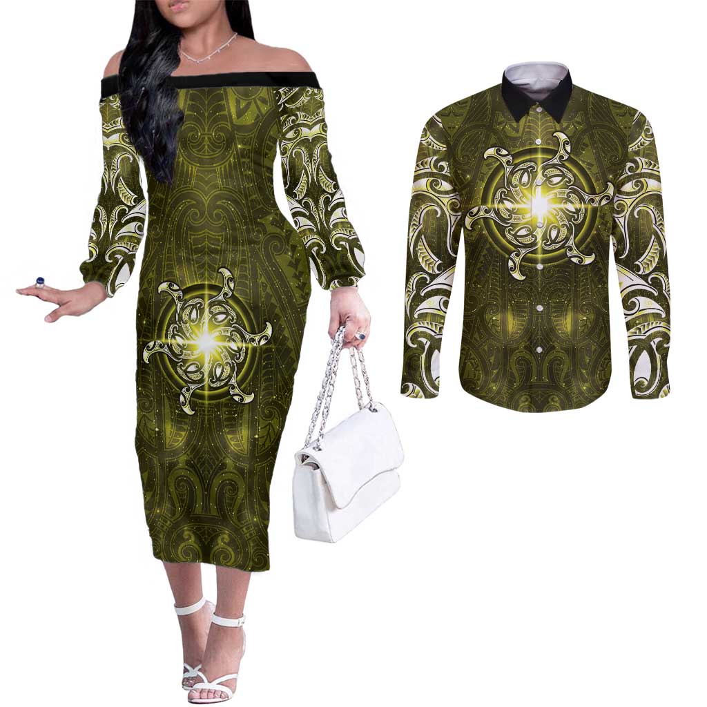 New Zealand Matariki Hiwaiterangi Couples Matching Off The Shoulder Long Sleeve Dress and Long Sleeve Button Shirt Maori Moko Yellow Galaxy LT05 Yellow - Polynesian Pride
