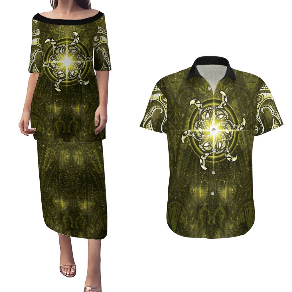 New Zealand Matariki Hiwaiterangi Couples Matching Puletasi and Hawaiian Shirt Maori Moko Yellow Galaxy LT05 Yellow - Polynesian Pride