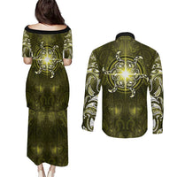 New Zealand Matariki Hiwaiterangi Couples Matching Puletasi and Long Sleeve Button Shirt Maori Moko Yellow Galaxy LT05 - Polynesian Pride