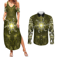 New Zealand Matariki Hiwaiterangi Couples Matching Summer Maxi Dress and Long Sleeve Button Shirt Maori Moko Yellow Galaxy LT05 Yellow - Polynesian Pride
