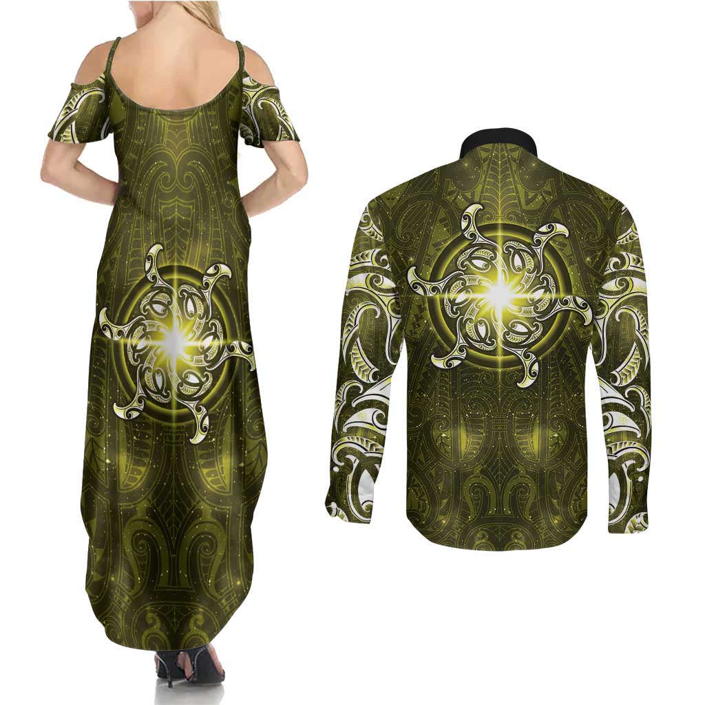 New Zealand Matariki Hiwaiterangi Couples Matching Summer Maxi Dress and Long Sleeve Button Shirt Maori Moko Yellow Galaxy LT05 - Polynesian Pride