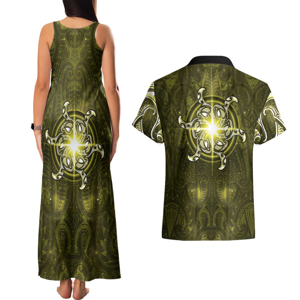 New Zealand Matariki Hiwaiterangi Couples Matching Tank Maxi Dress and Hawaiian Shirt Maori Moko Yellow Galaxy LT05 - Polynesian Pride
