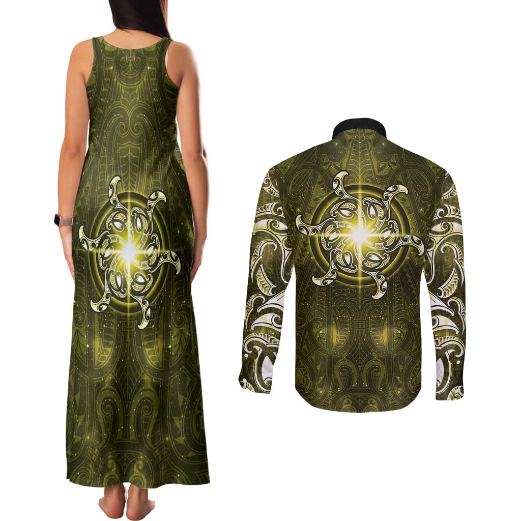 New Zealand Matariki Hiwaiterangi Couples Matching Tank Maxi Dress and Long Sleeve Button Shirt Maori Moko Yellow Galaxy LT05 - Polynesian Pride