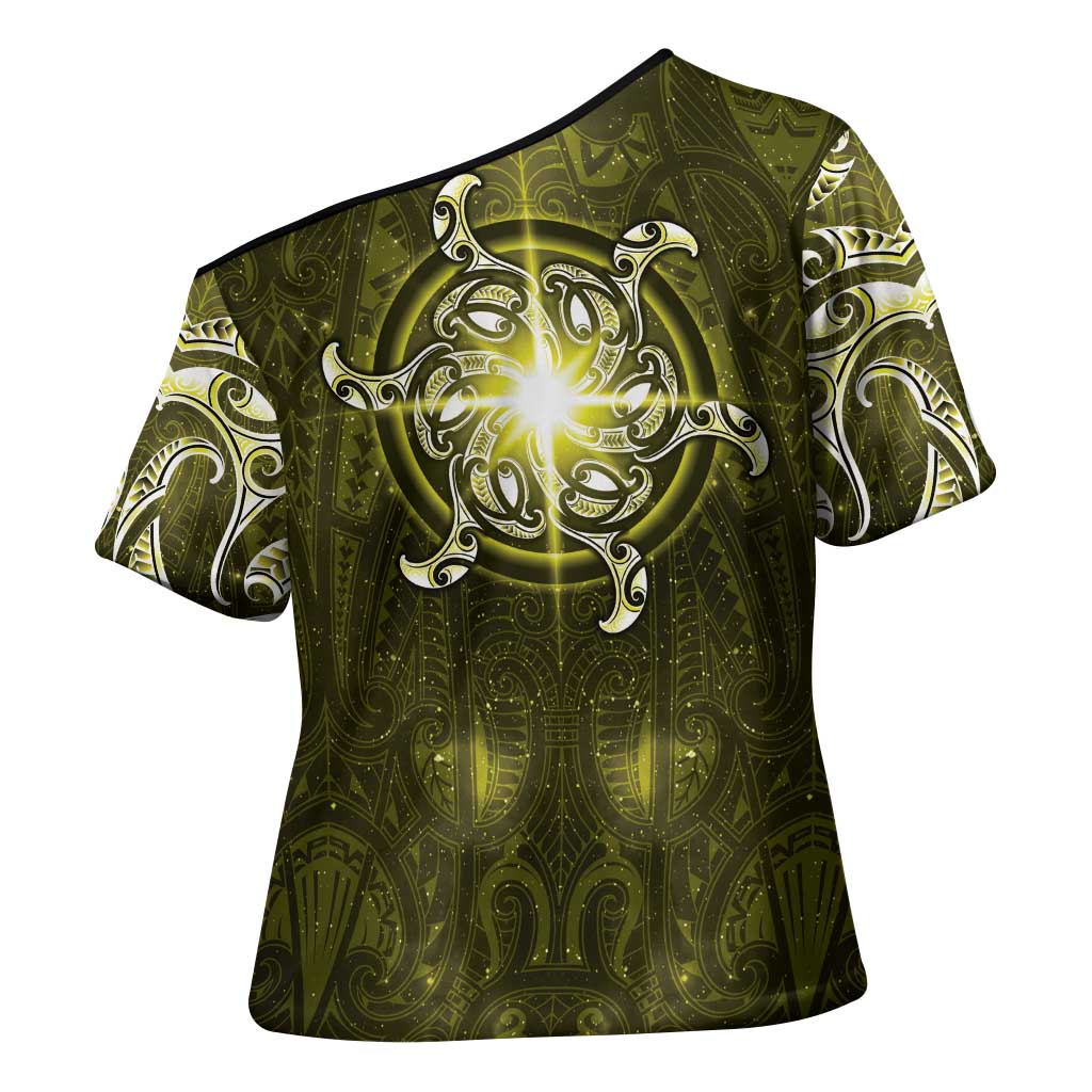 New Zealand Matariki Hiwaiterangi Cross Shoulder Shirt Maori Moko Yellow Galaxy LT05 - Polynesian Pride