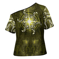 New Zealand Matariki Hiwaiterangi Cross Shoulder Shirt Maori Moko Yellow Galaxy LT05 - Polynesian Pride