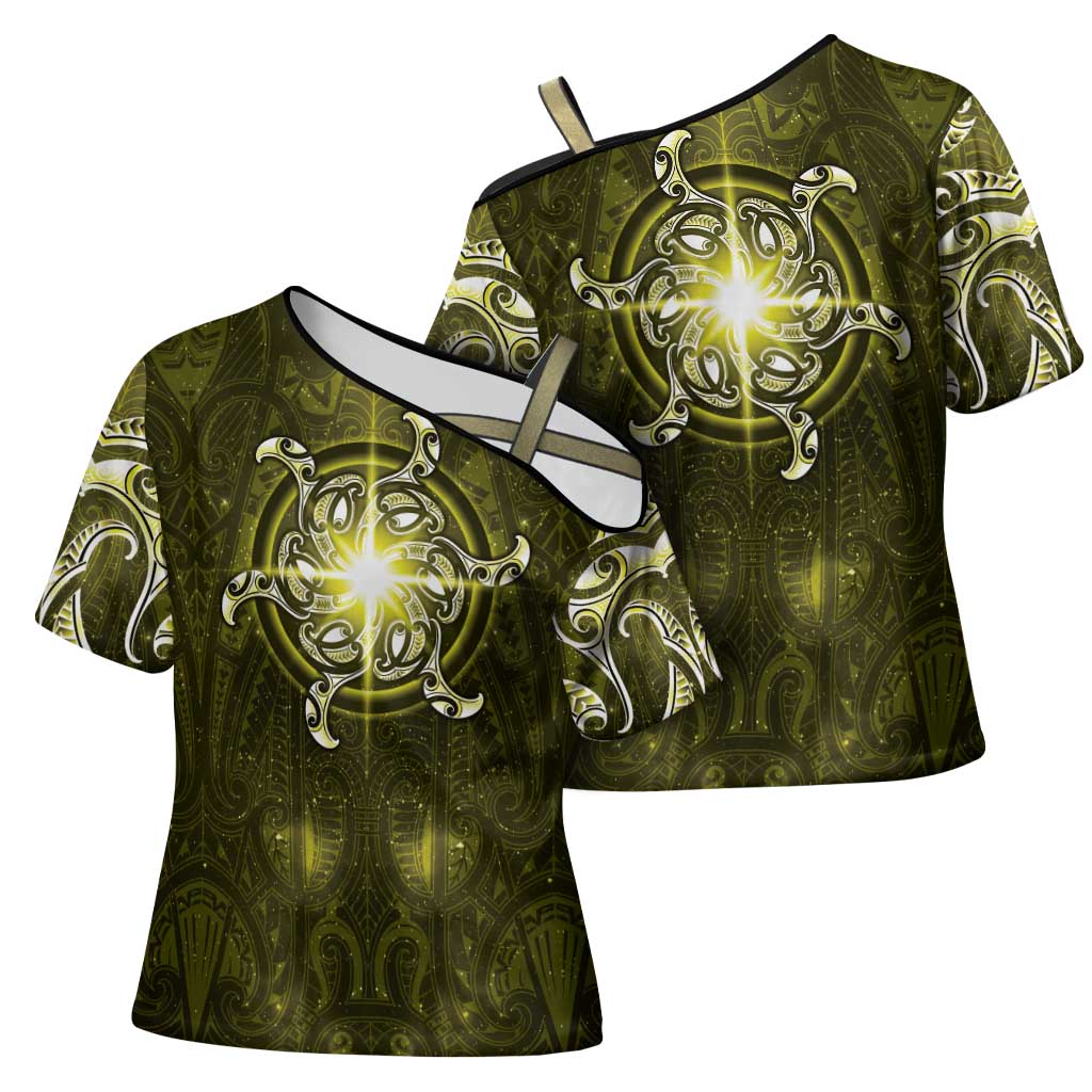 New Zealand Matariki Hiwaiterangi Cross Shoulder Shirt Maori Moko Yellow Galaxy LT05 - Polynesian Pride