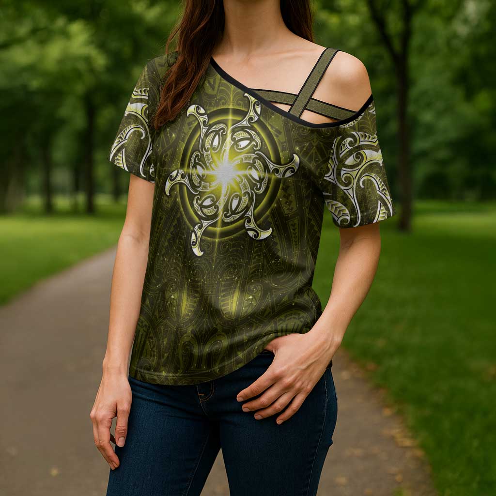 New Zealand Matariki Hiwaiterangi Cross Shoulder Shirt Maori Moko Yellow Galaxy LT05 - Polynesian Pride