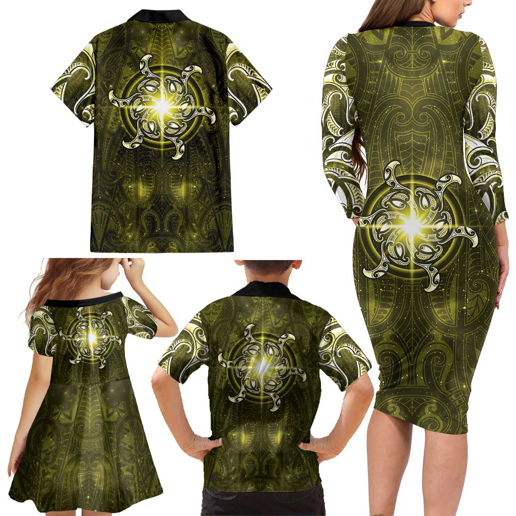 New Zealand Matariki Hiwaiterangi Family Matching Long Sleeve Bodycon Dress and Hawaiian Shirt Maori Moko Yellow Galaxy LT05 - Polynesian Pride