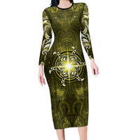 New Zealand Matariki Hiwaiterangi Family Matching Long Sleeve Bodycon Dress and Hawaiian Shirt Maori Moko Yellow Galaxy LT05 Mom's Dress Yellow - Polynesian Pride