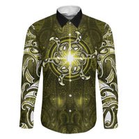 New Zealand Matariki Hiwaiterangi Family Matching Mermaid Dress and Hawaiian Shirt Maori Moko Yellow Galaxy LT05 Dad's Shirt - Long Sleeve Yellow - Polynesian Pride