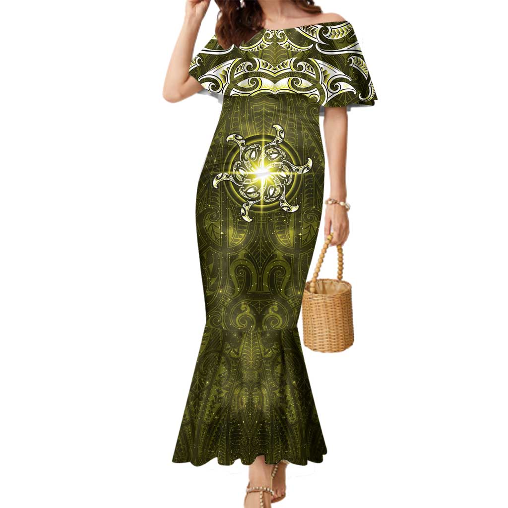 New Zealand Matariki Hiwaiterangi Family Matching Mermaid Dress and Hawaiian Shirt Maori Moko Yellow Galaxy LT05 Mom's Dress Yellow - Polynesian Pride