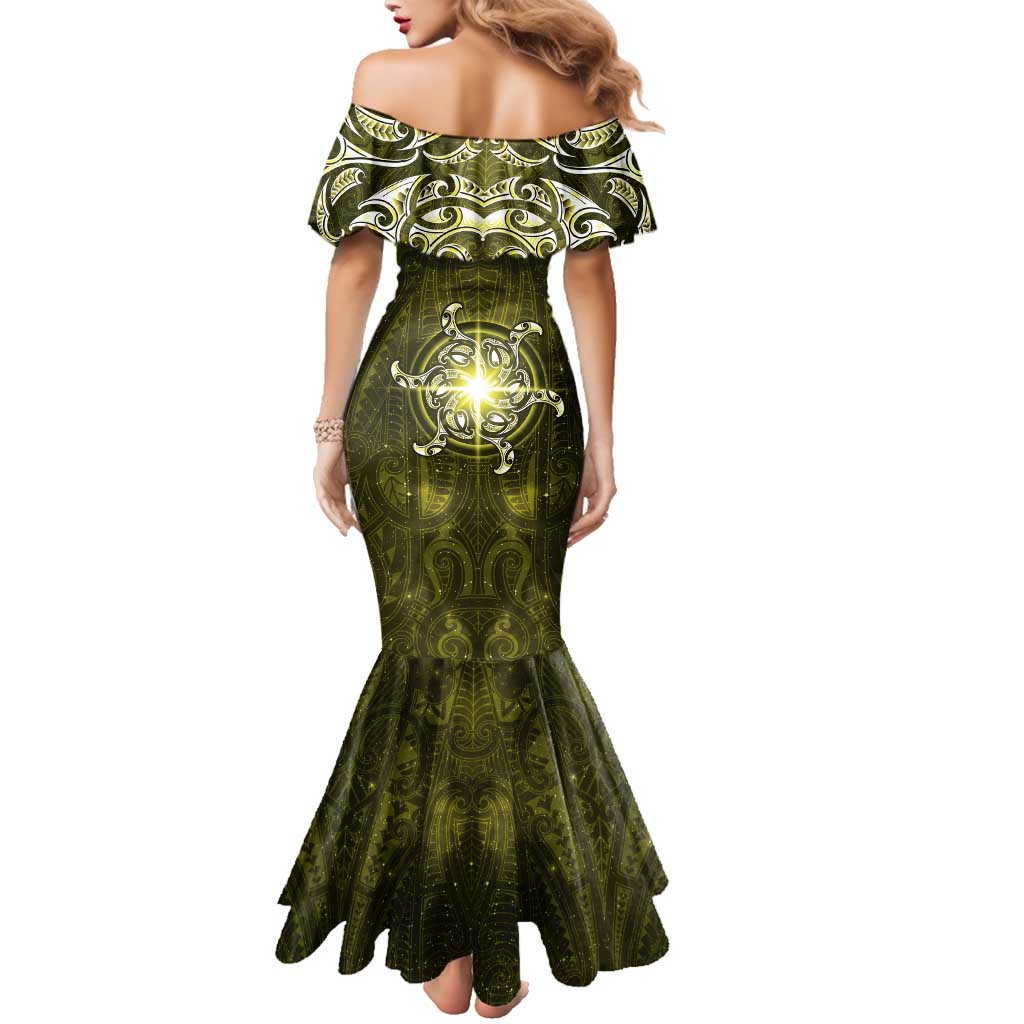 New Zealand Matariki Hiwaiterangi Family Matching Mermaid Dress and Hawaiian Shirt Maori Moko Yellow Galaxy LT05 - Polynesian Pride