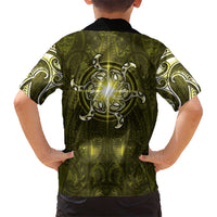 New Zealand Matariki Hiwaiterangi Family Matching Off The Shoulder Long Sleeve Dress and Hawaiian Shirt Maori Moko Yellow Galaxy LT05 - Polynesian Pride