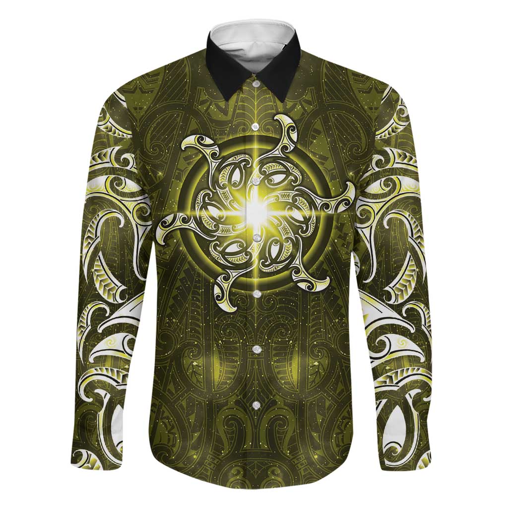 New Zealand Matariki Hiwaiterangi Family Matching Off The Shoulder Long Sleeve Dress and Hawaiian Shirt Maori Moko Yellow Galaxy LT05 Dad's Shirt - Long Sleeve Yellow - Polynesian Pride