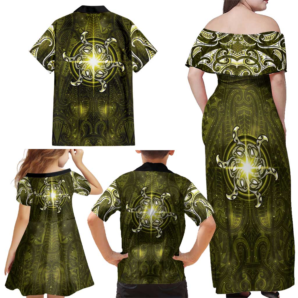 New Zealand Matariki Hiwaiterangi Family Matching Off Shoulder Maxi Dress and Hawaiian Shirt Maori Moko Yellow Galaxy LT05 - Polynesian Pride